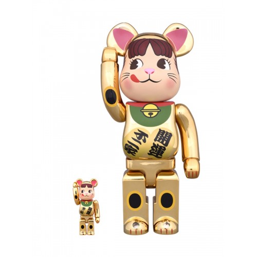 BE@RBRICK ✖️ 牛奶妹 金色綠領 招財貓 招き猫 ペコちゃん 金メッキ 400% + 100％