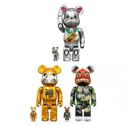 Be@rbrick x 猿人 A Bathing Ape x 招財貓 招福 (銀電鍍) & 達摩 福 (金電鍍) & 獅子舞 400+100%